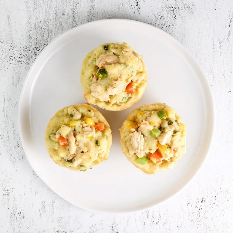 Fluffy Chicken Pot Pie Cornbread Muffins with a savory chicken filling peaking through the cornbread.