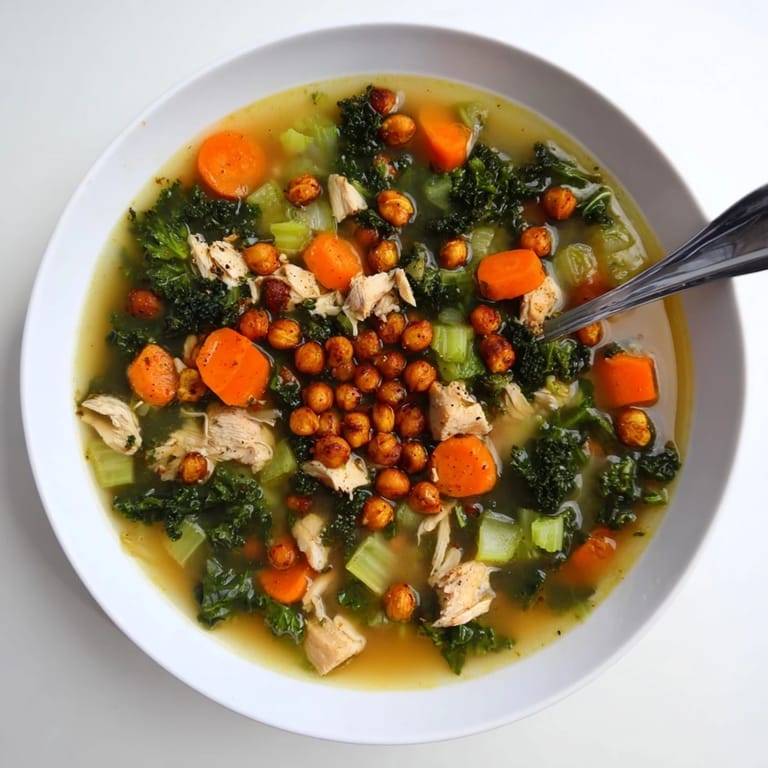 A steaming bowl of Chicken Kale Soup, promising a comforting, healthy meal, visually appealing with vibrant colors.
