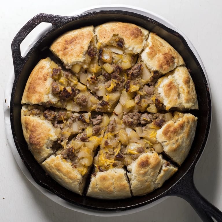A steaming skillet of Savory Apple, Sausage, and Cheddar Scones, showing off a perfectly baked, flaky crust.