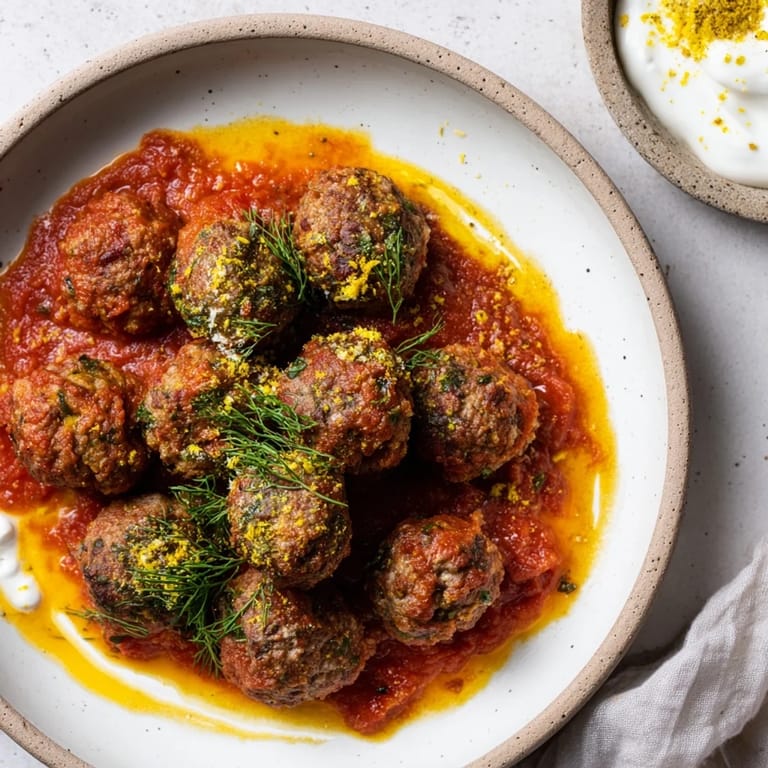 A close-up of tender Instant Pot Greek-Style Meatballs with a dollop of tangy lemon-feta sauce.