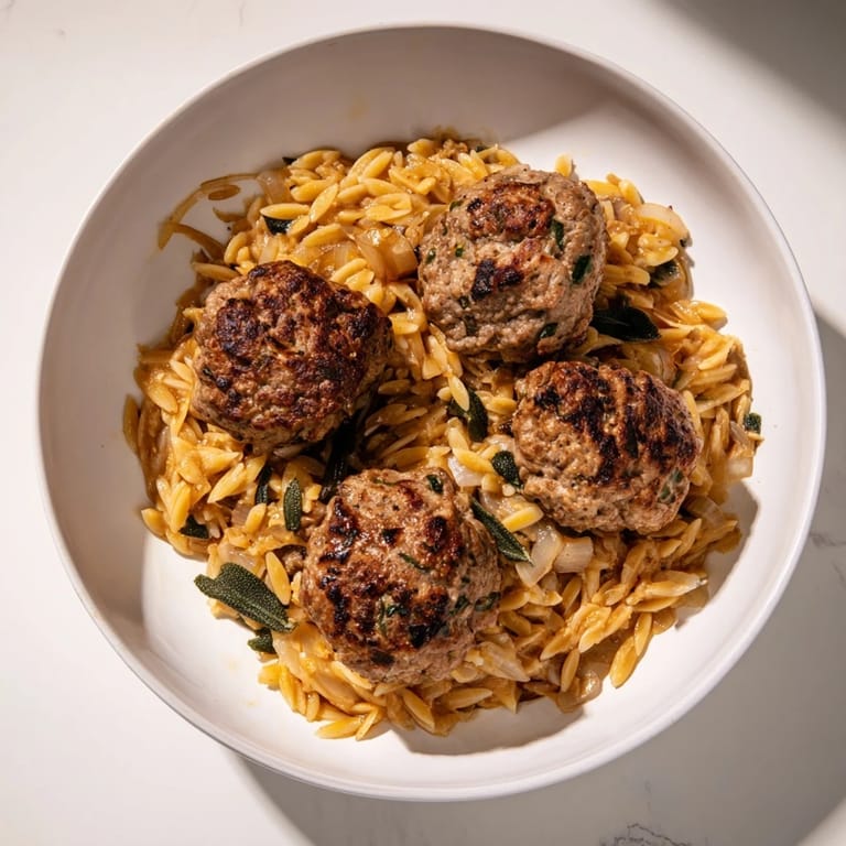 A close-up of savory sage turkey meatballs served with creamy, flavorful pumpkin orzo.