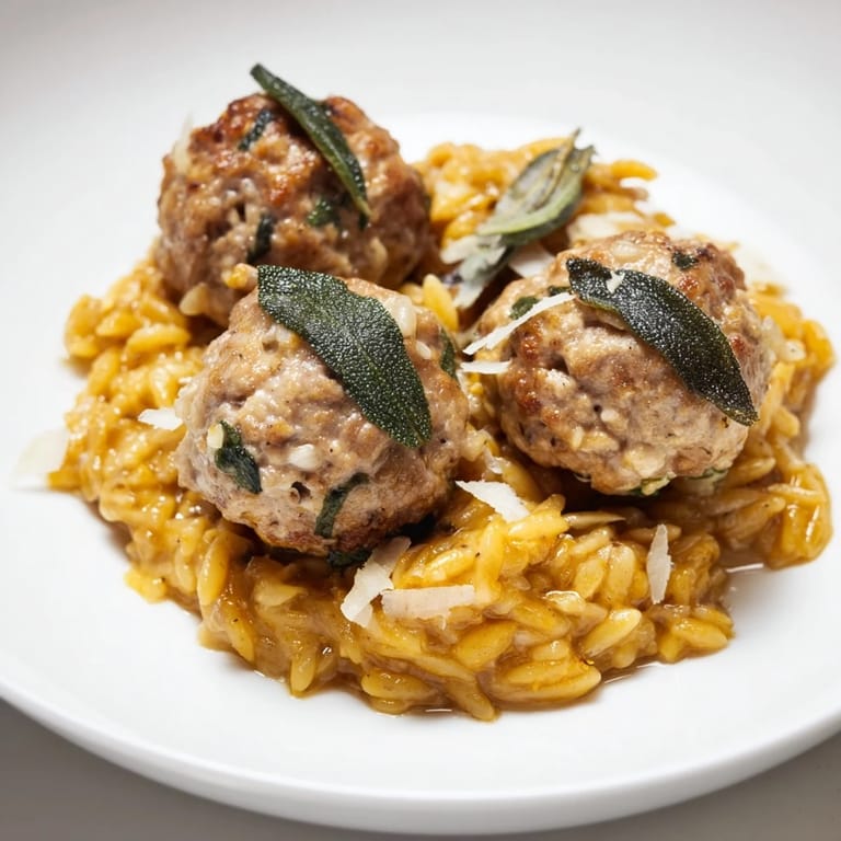 Warm, inviting picture of sage turkey meatballs; the pumpkin orzo looks hearty and delicious.