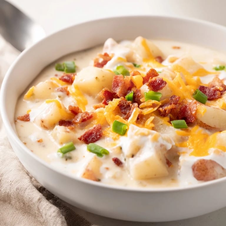 Thick and creamy Crockpot Loaded Baked Potato Soup with visible bacon topping and fresh green onions garnish.