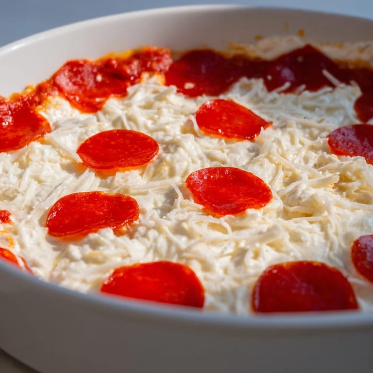 Warm and savory pizza dip, a party-perfect appetizer with melted cheese and pepperoni visible.
