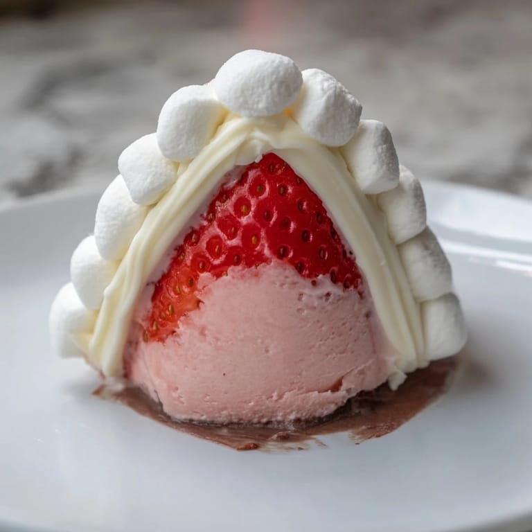 Close-up of freshly made Air Fryer Santa Hat Strawberries: juicy berries, sweet filling and a charming marshmallow topping.