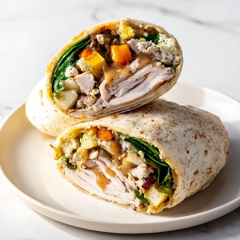 Perfect for lunch! This Simple Christmas Leftover Wrap Hack displays a delicious, easy-to-make, festive wrap.