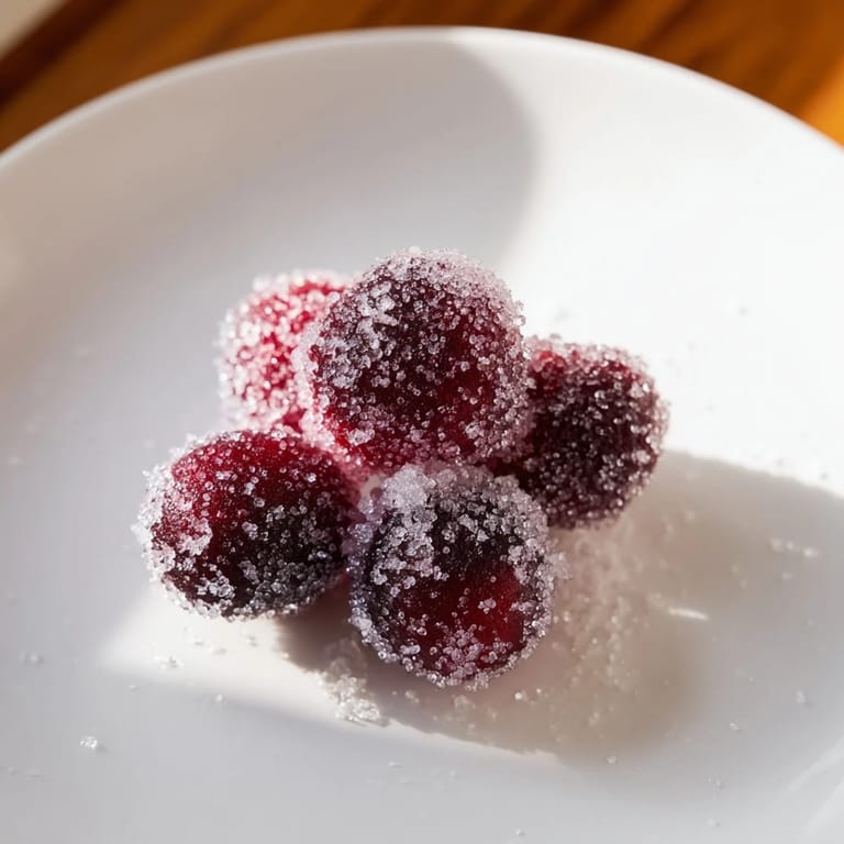 Close-up of vibrant vegan candied cranberry garnish, showcasing the glossy sugar-coated texture.