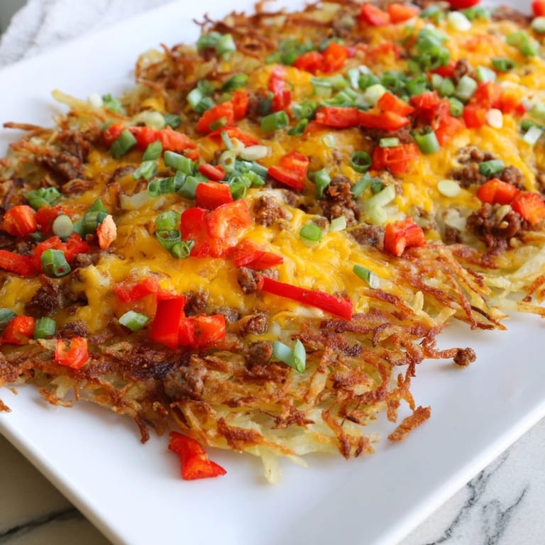A hearty Christmas morning Hash Brown Bake with crispy hash browns, sausage, and a rich, cheesy topping.