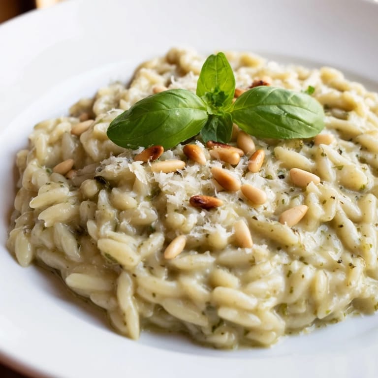 A vibrant close-up of the delicious 15-Minute Creamy Pesto Risoni, pasta glistening with pesto sauce.