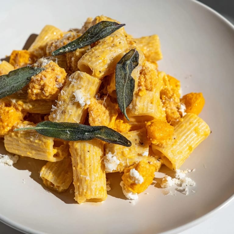 Warm bowl of Roasted Butternut Squash and Sage Goat Cheese Pasta, with fresh sage garnish.