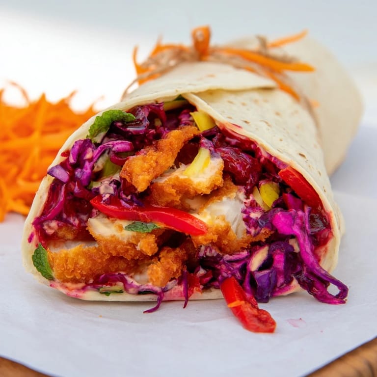 A tempting look at the assembled Candy Cane Crunch Chicken Veggie Wrap, ready to eat.