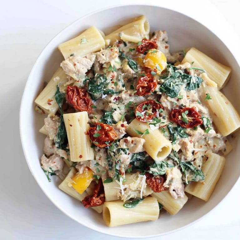 This photo shows a close-up of the delicious Creamy Sun-Dried Tomato Spinach Cottage Cheese Pasta, ready to eat.
