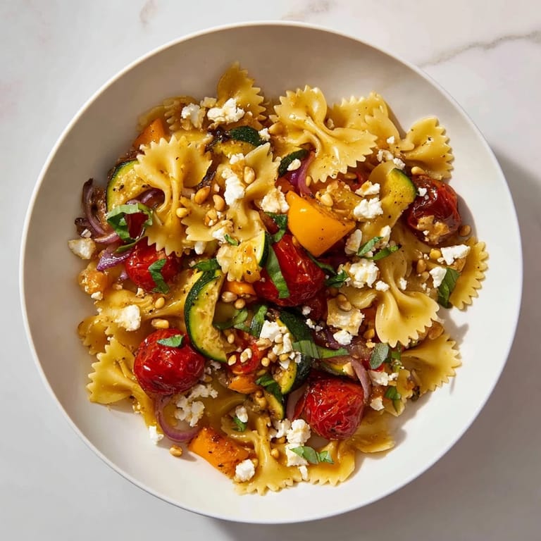 Enjoy a delicious serving of Festive Bow Tie Pasta, with tender vegetables and a bright lemon-garlic dressing.
