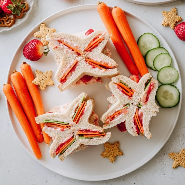 Beach Day Starfish Snack Spread: Close-up of playful starfish-shaped sandwiches next to fresh fruit and yummy dips.