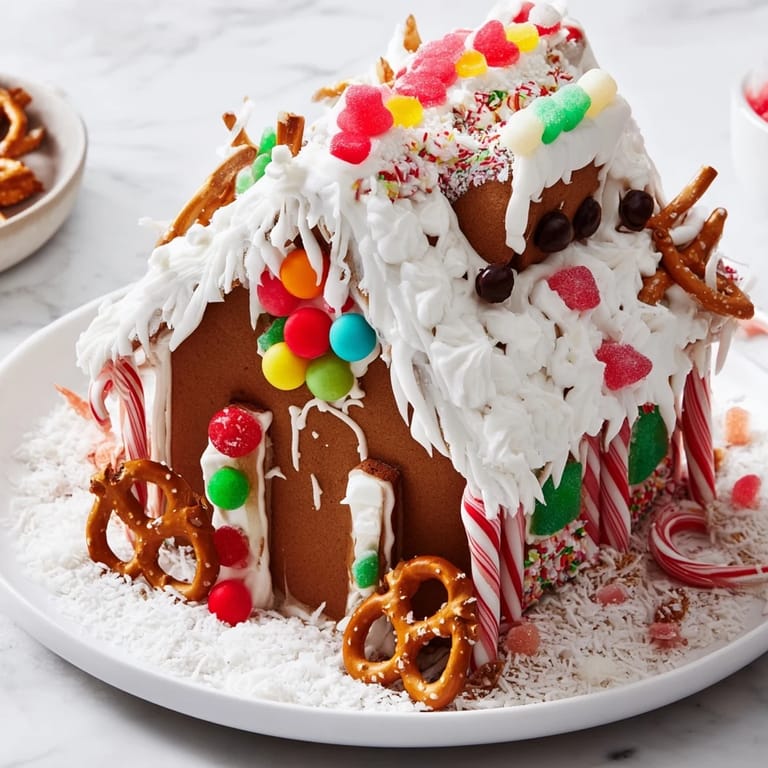 Homemade gingerbread house panels, frosted with royal icing, surrounded by colorful candies for decorating.