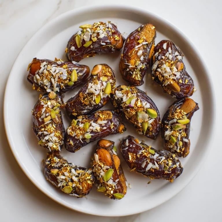 Enjoy a close-up of the Lunar and Star Date Platter: filled, glistening dates garnished with edible gold.