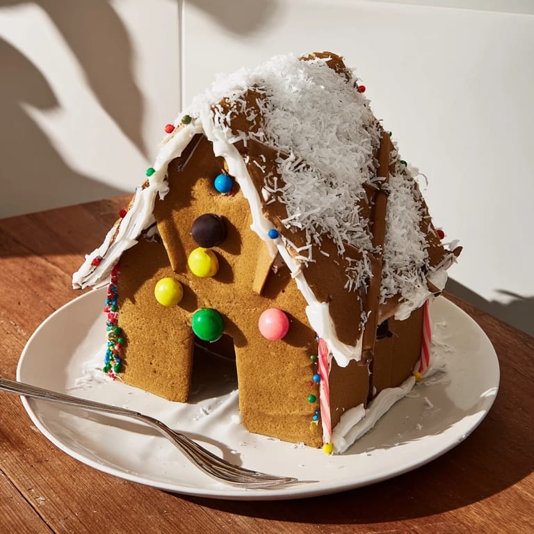 This festive gingerbread house recipe is complete, showcasing vibrant candy accents and royal icing.