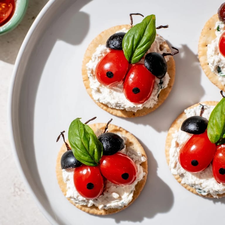 Close-up of freshly assembled Ladybug Tomato & Olive Bites, showcasing the charming olive heads and spots.