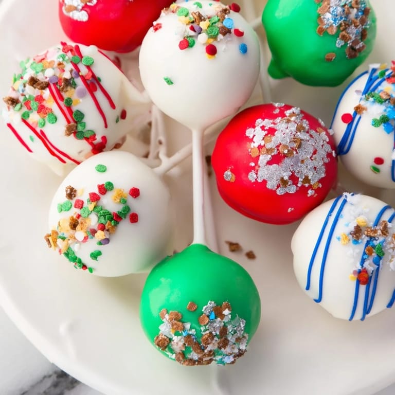 Arrangement of festive ornament ball cake pops showcasing a variety of colorful sprinkle and candy designs.