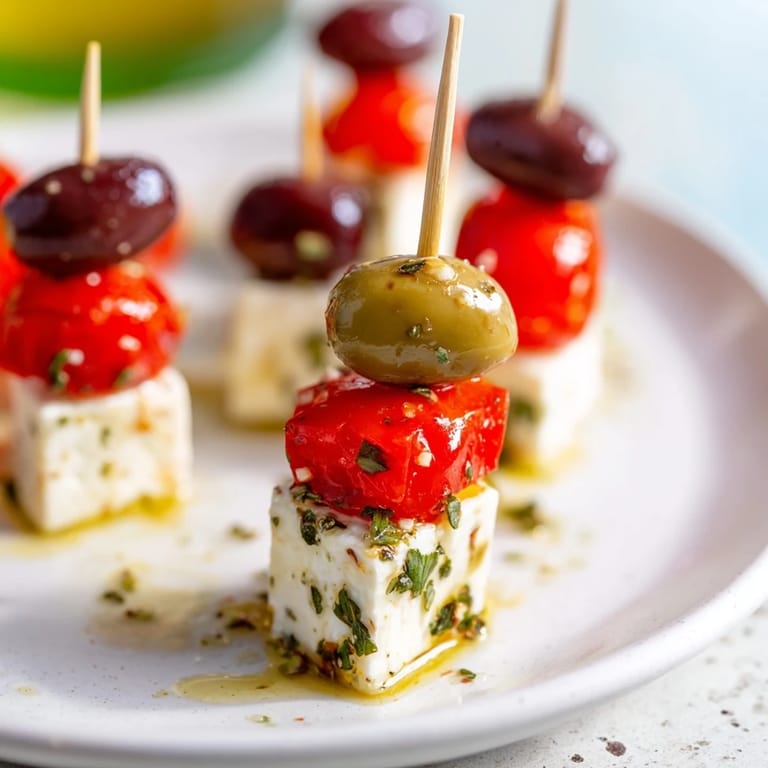 Mediterranean Holiday Cheers Olive and Feta Skewers drizzled with olive oil, herbs, and lemon zest; a tasty appetizer.