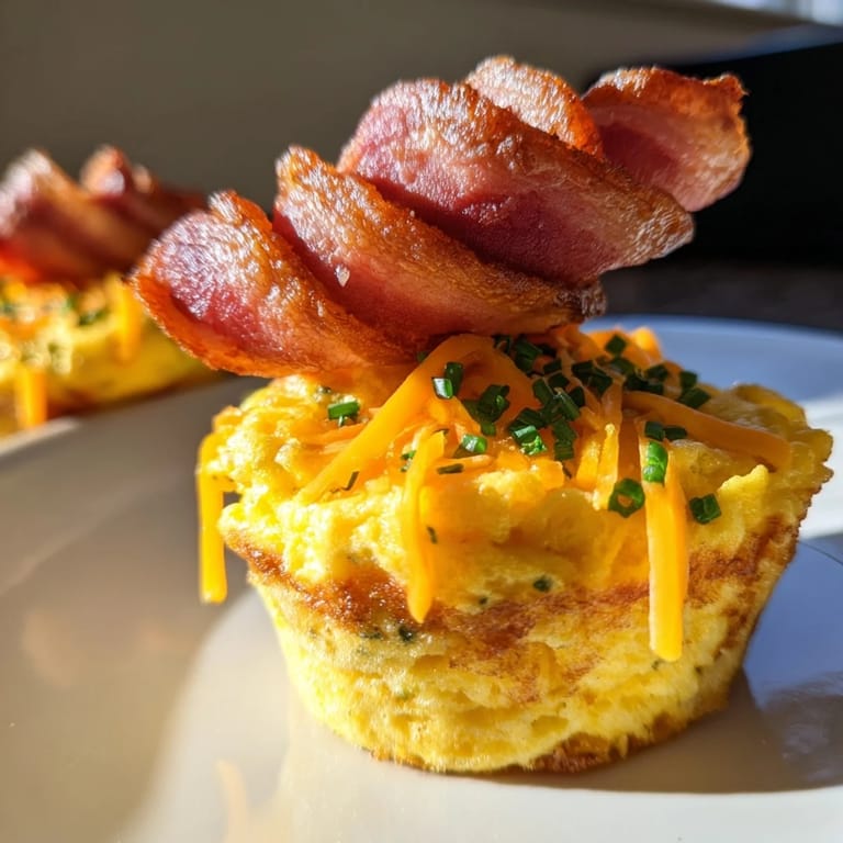 Oven-baked Scrambled Egg Cups topped with bacon spirals: a flavorful, protein-packed breakfast recipe.