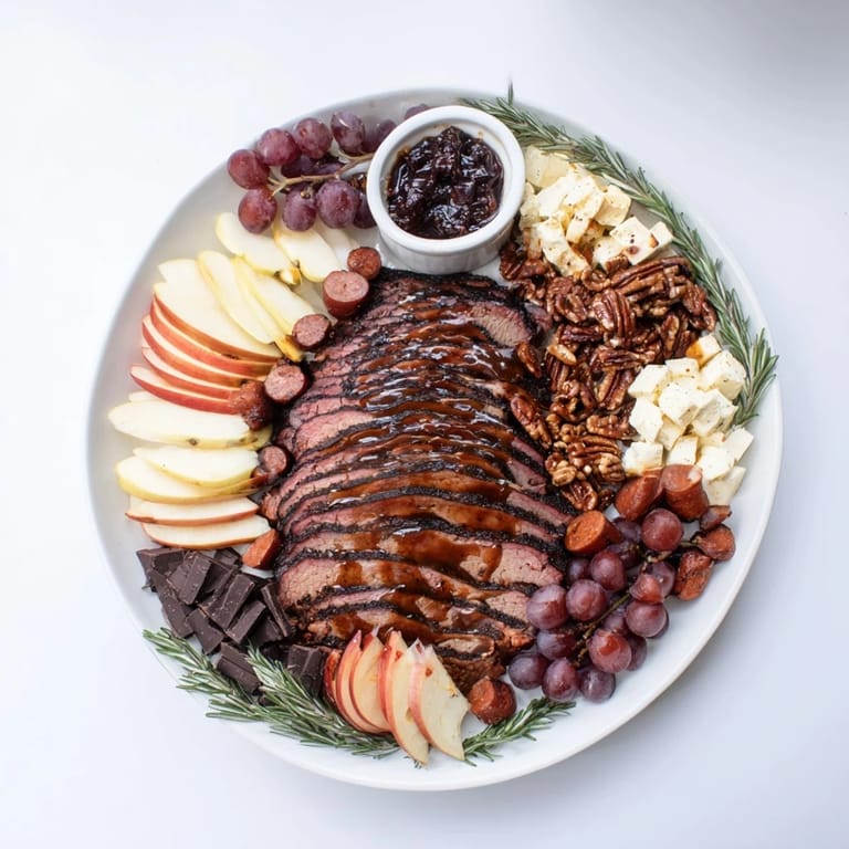 A beautifully arranged Smoky BBQ & Bourbon Companion, with glistening meats and creamy cheeses, ready to serve and enjoy.