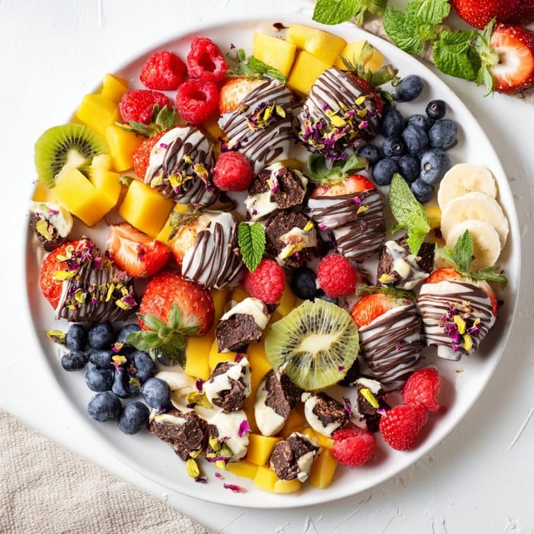 Beautiful Sweet Dessert Decadence dessert board with vibrant fruits, assorted chocolates, and a melted chocolate finish.