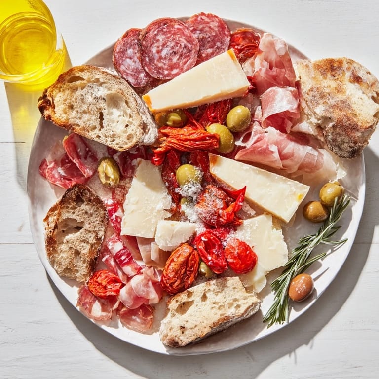 This Rustic Italian Farmhouse Board presents a delicious selection of cheeses, cured meats, and torn bread, perfect for an appetizer.