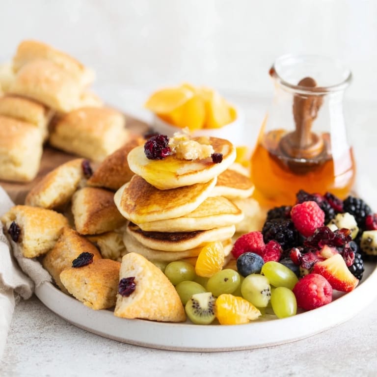 Breakfast Brunch Board Bliss features golden mini pancakes beside sweet scones and colorful sliced fruit, ready to impress.