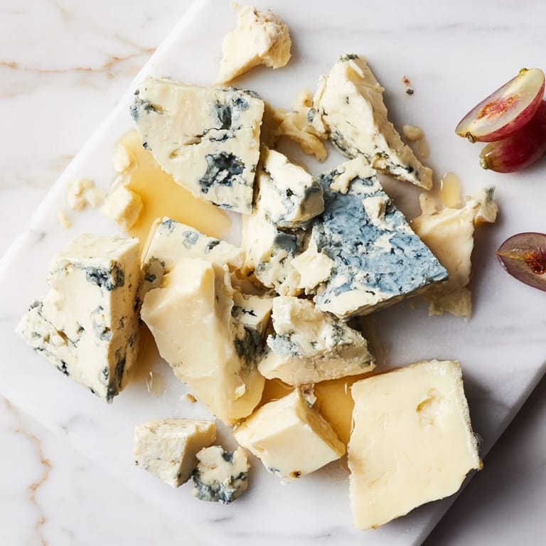 Chunks of blue cheese and white cheddar create a beautiful Marble Quarry cheese board appetizer, ready to serve.