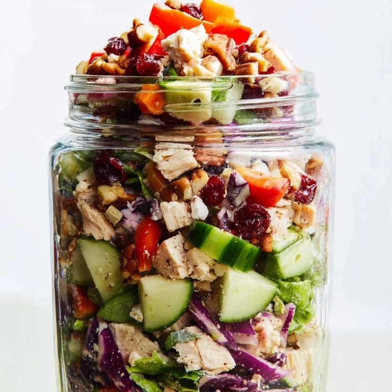 A delicious layered holiday chopped chicken salad jar: a quick and healthy meal prep option ready to enjoy.