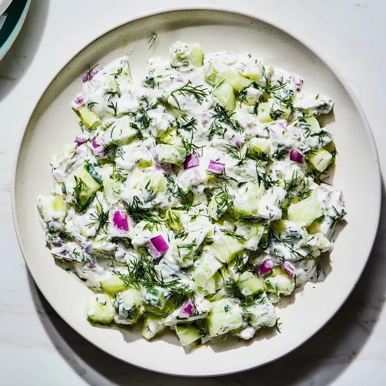 This quick cucumber and Greek yogurt tzatziki salad, a vibrant Greek inspired dish, perfectly balances creamy and crisp textures.