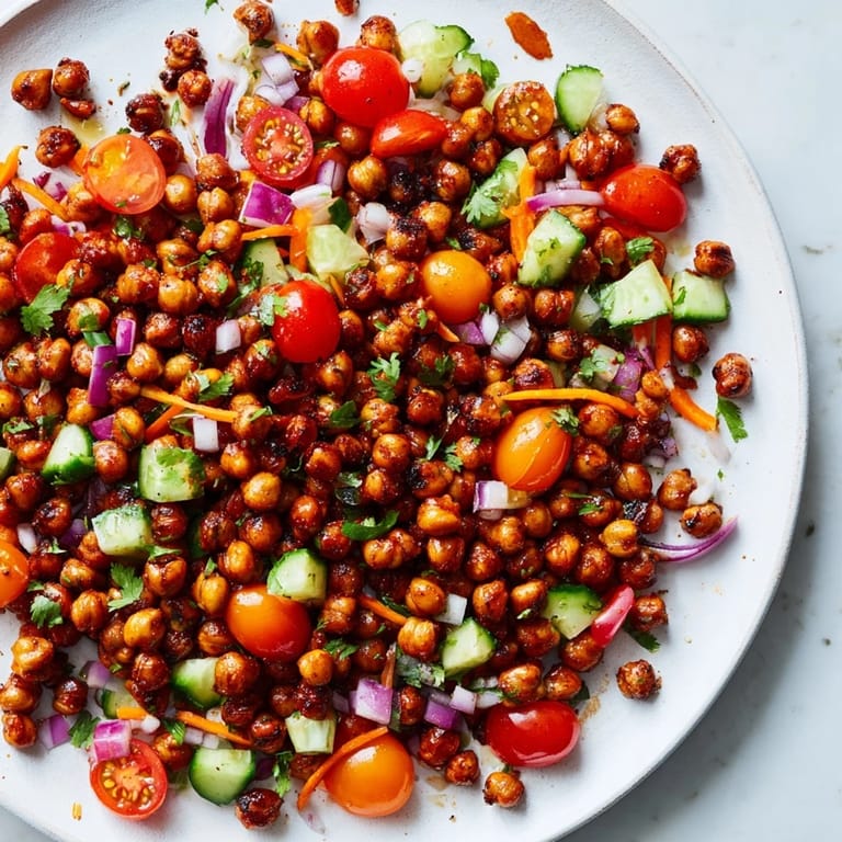This BBQ Chickpea Salad features flavorful, tender chickpeas mixed with fresh, crisp vegetables in a bowl.