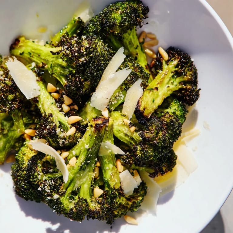 A beautiful bowl of Charred Broccoli Salad features roasted broccoli, zesty dressing, and nutty toppings.