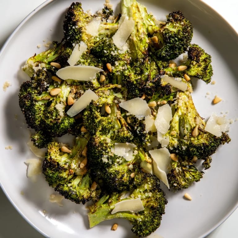 Close-up of a vibrant Charred Broccoli Salad: tender-crisp broccoli tossed with lemon and Parmesan.