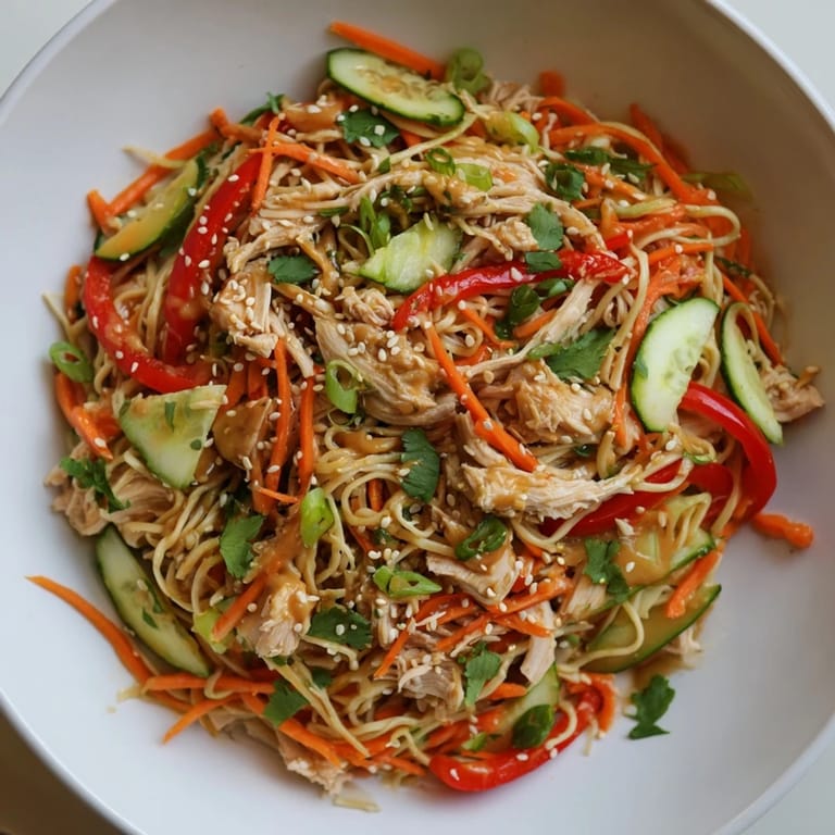 A satisfying bowl of chilled chicken noodle salad, with colorful garnishes and a flavorful dressing.