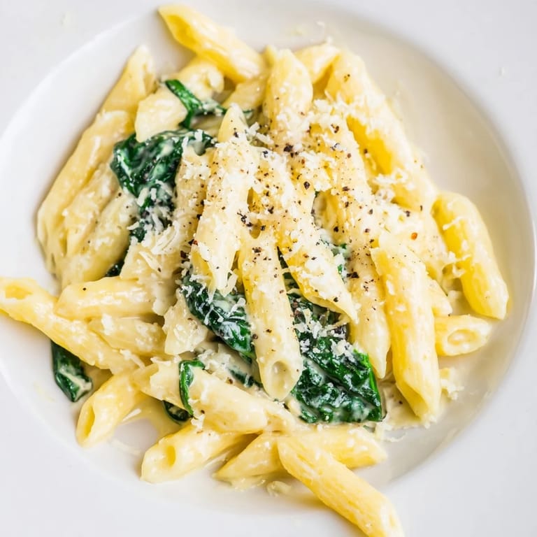 Enjoy a forkful of creamy spinach pasta, with visible green spinach nestled in cheesy, velvety goodness.