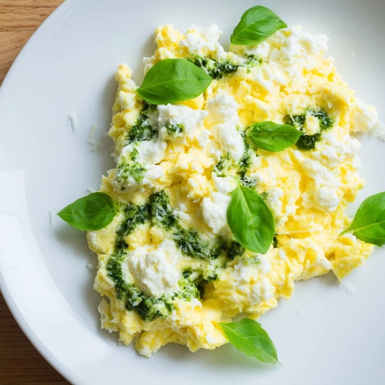 Vivid image of pesto cottage cheese eggs: a quick, flavorful, and protein-rich breakfast option.