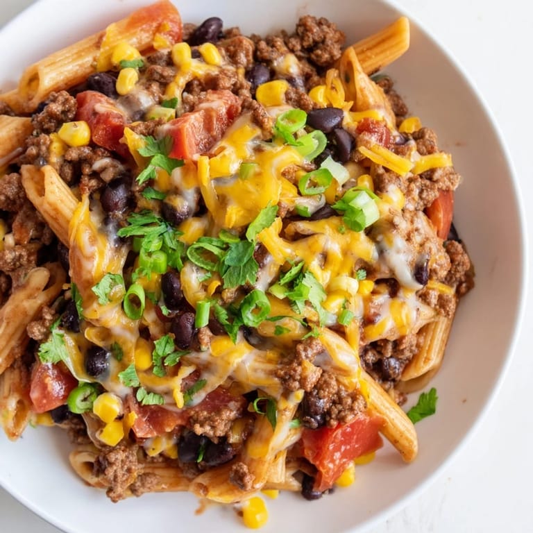 This image shows a tempting bowl of Cheesy Taco Pasta, ready for a delicious Tex-Mex dinner.