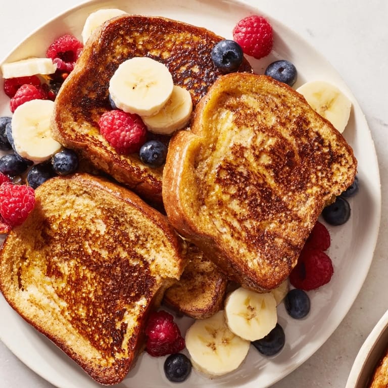 This image shows freshly made Protein French Toast, served with a dollop of Greek yogurt and banana slices.