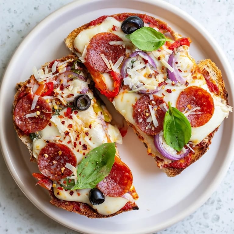A close-up of cheesy Pizza Toast 2.0, hot from the broiler, with vibrant basil garnish.