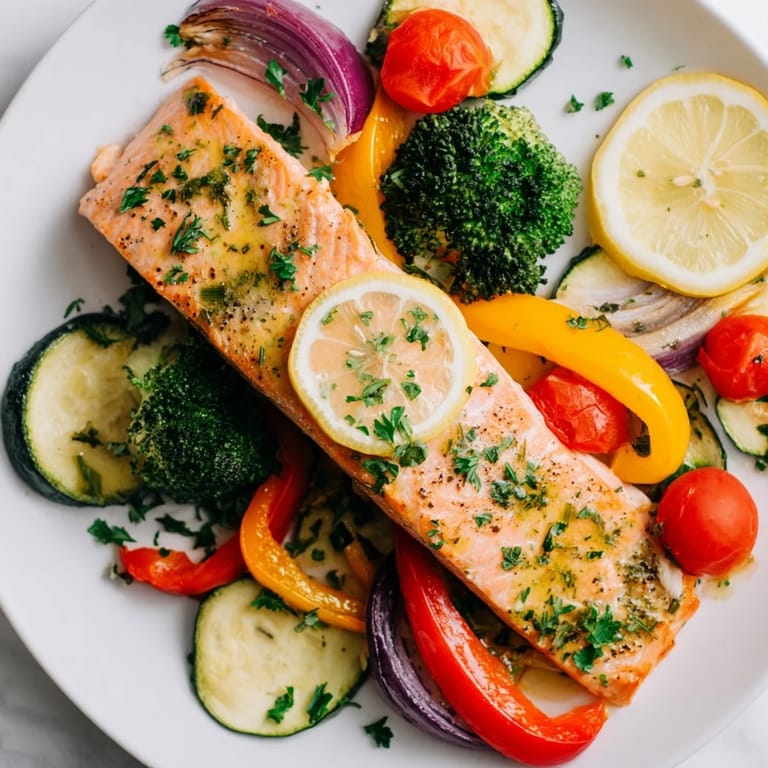 Golden-brown salmon fillets resting on a bed of vibrant vegetables in this easy sheet pan bake.