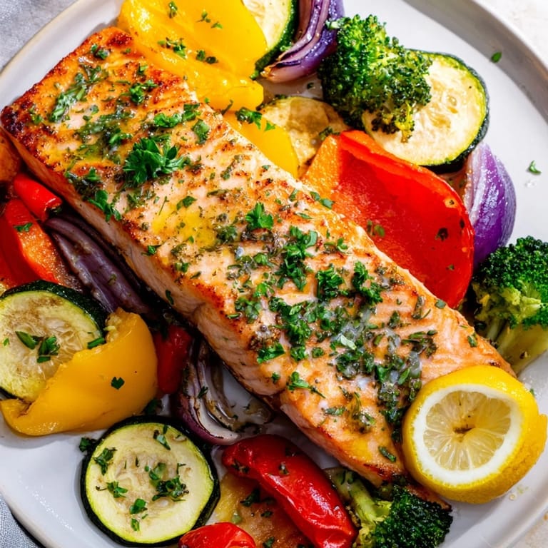 Delicious Salmon Sheet Pan Bake, featuring tender salmon alongside roasted bell peppers and zucchini.