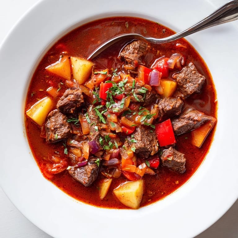 Close-up of bubbling Hungarian Goulash Stew, boasting tender beef and a vibrant paprika sauce.