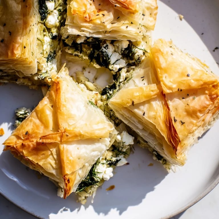 A freshly baked Greek spanakopita, with a crispy phyllo crust and a bubbling, cheesy center.