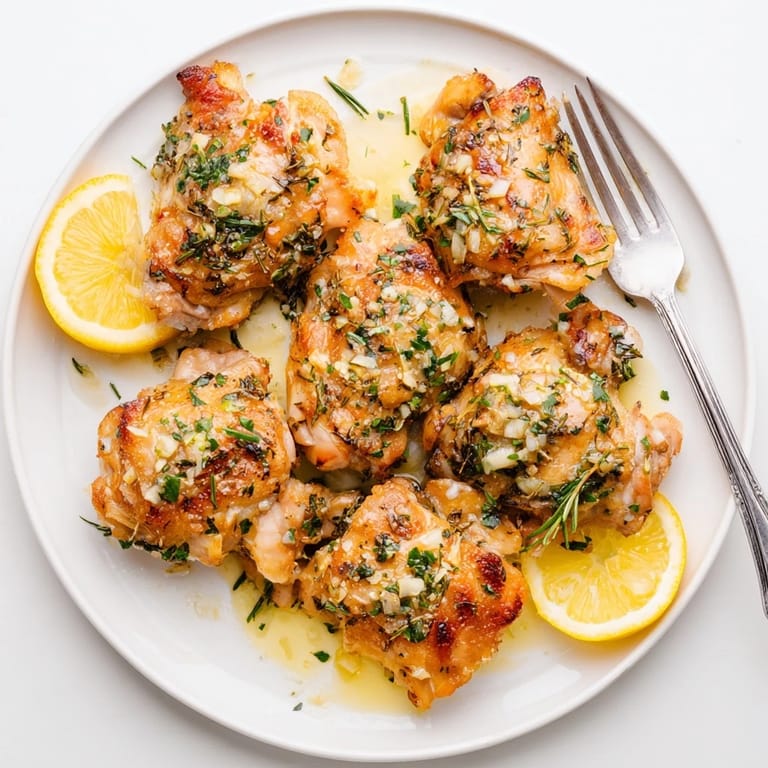 Fresh rosemary and parsley garnish garlic butter chicken thighs, roasted until the skin crackles and the meat stays juicy.