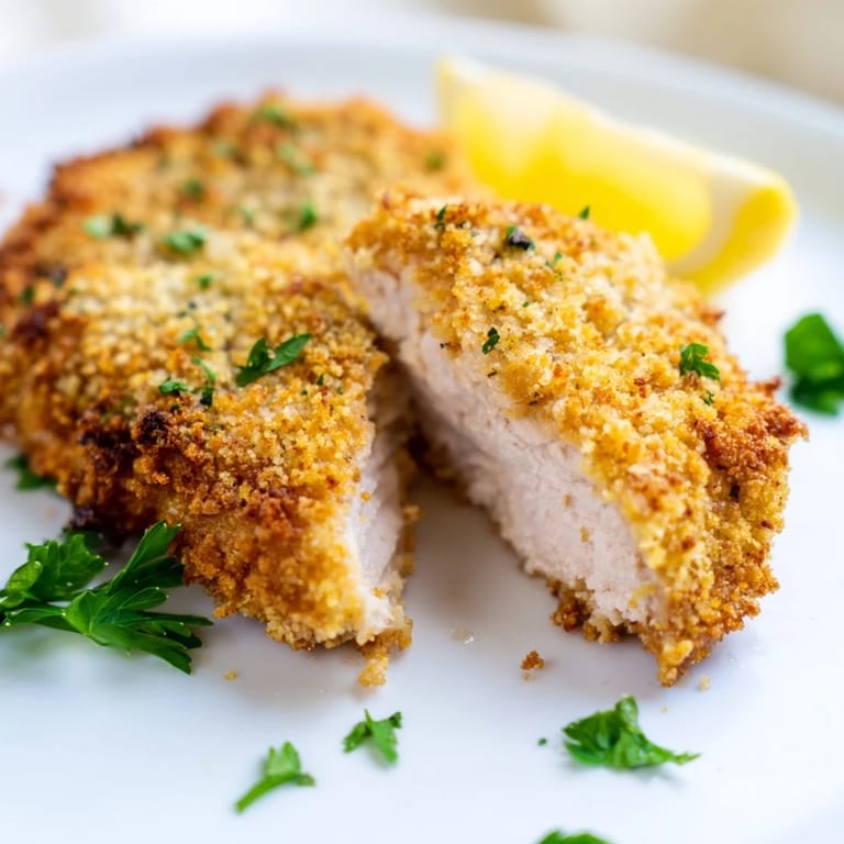 A close-up of the Crispy Parmesan Chicken Cutlet, showcasing its crunchy panko and Parmesan crust, ready to be enjoyed with a light arugula salad.