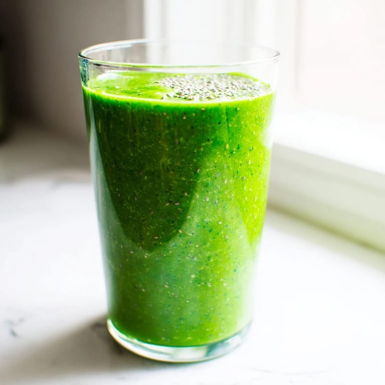 A creamy Spinach-Hidden Smoothie being poured into a glass, garnished with a mint leaf for a fresh, invigorating sip.