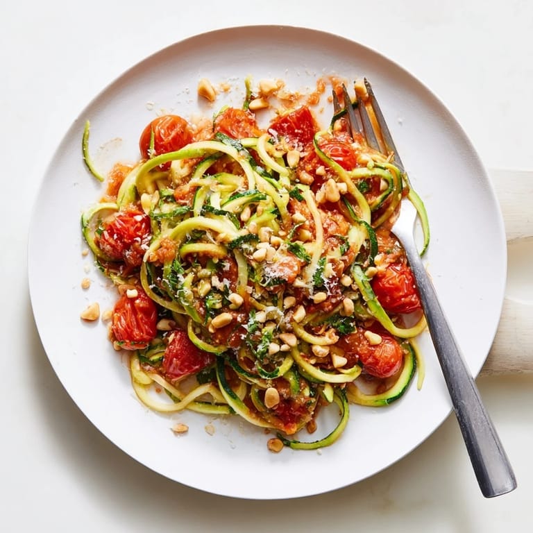 Gluten-free zoodles served as a light main dish, featuring vibrant colors from sun-dried tomatoes and crumbled feta cheese.