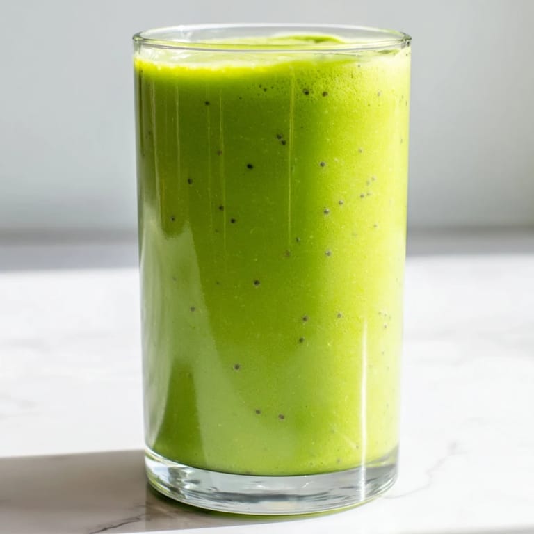 A tall glass of Spinach-Hidden Smoothie beside whole spinach leaves and frozen fruit, highlighting its nutritious and delicious ingredients.